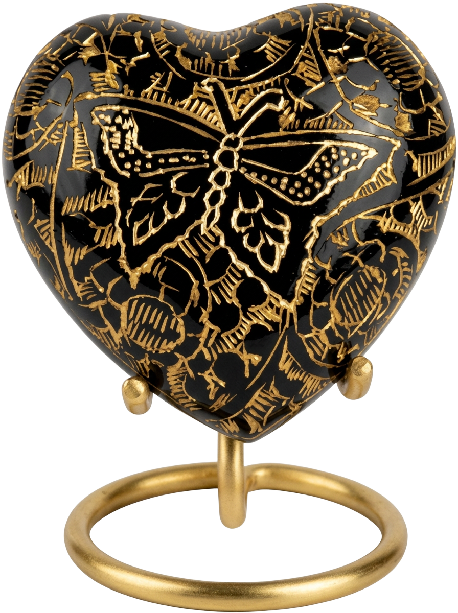 Black and gold engraved butterfly heart brass keepsake urn