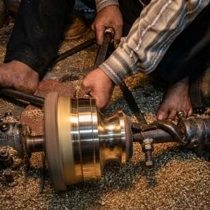 Close-up of brass turning on a lathe