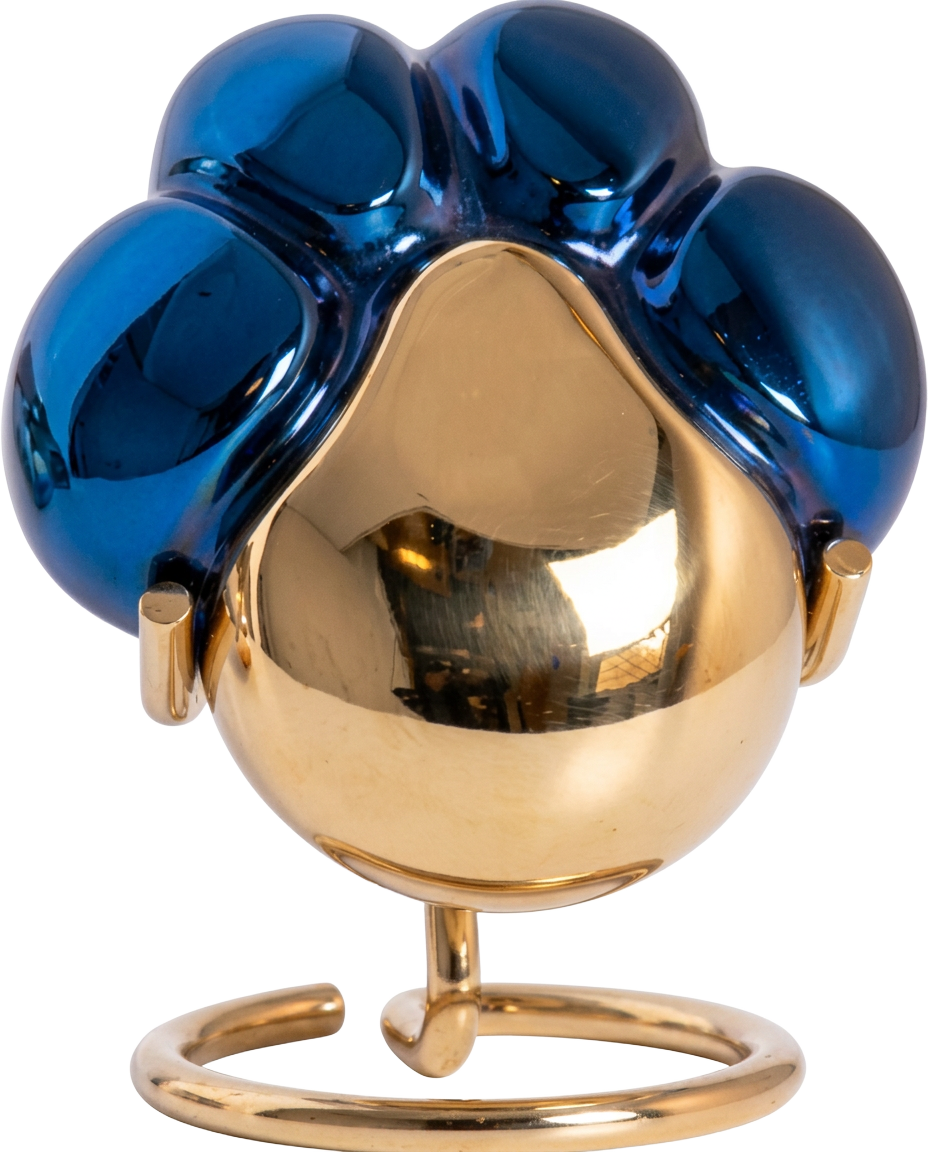 Cobalt blue and gold brass paw-print pet cremation urn