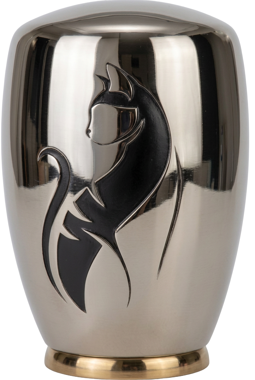 Nickel silver brass pet cremation urn with etched cat silhouette