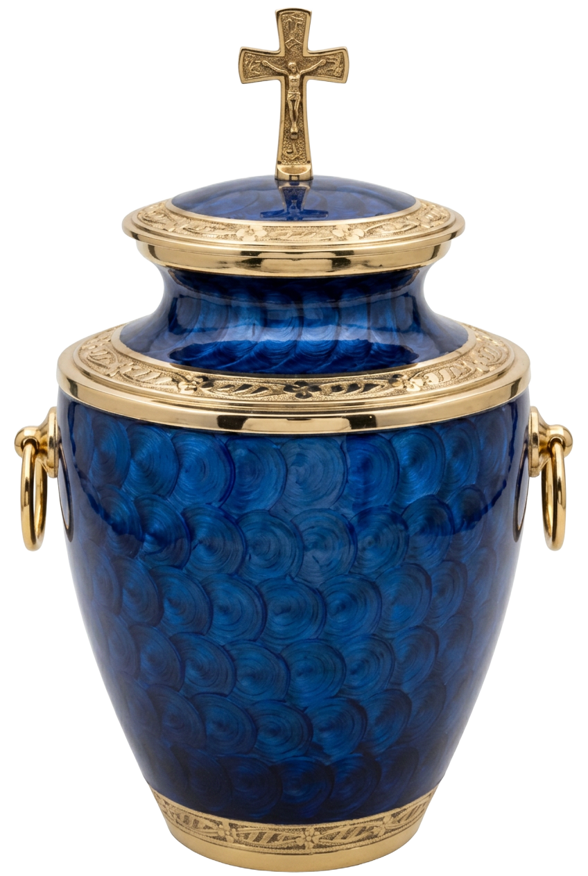 Cobalt blue and gold companion brass urn with cross finial
