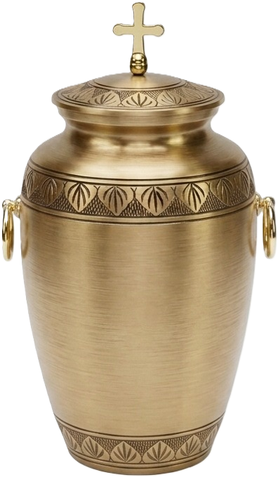 Classical brushed brass cremation urn with cast cross finial
