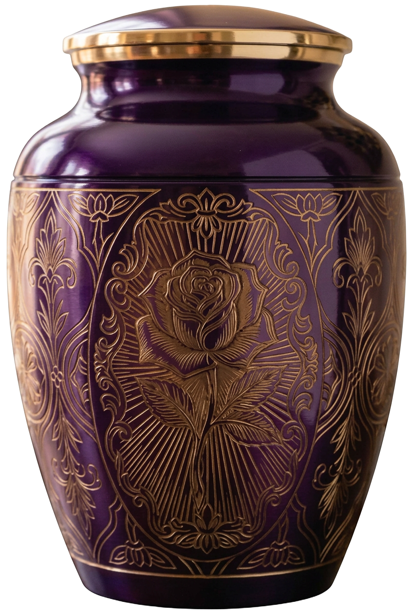 Aubergine purple brass urn with engraved gold rose motif