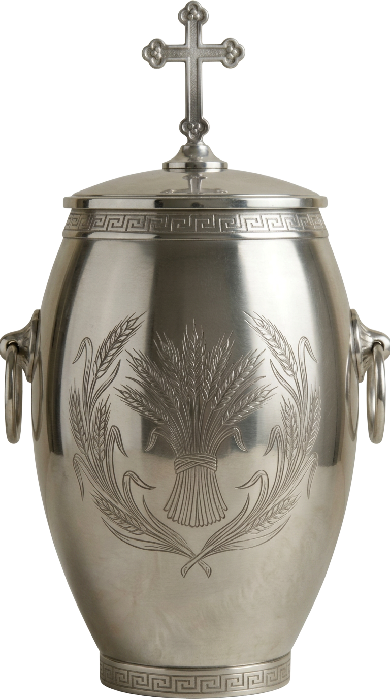 Silver adult cremation urn with engraved wheat sheaf and cross
