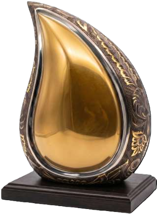 Antique gold teardrop brass cremation urn on wood base