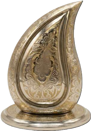 Engraved silver teardrop brass cremation urn
